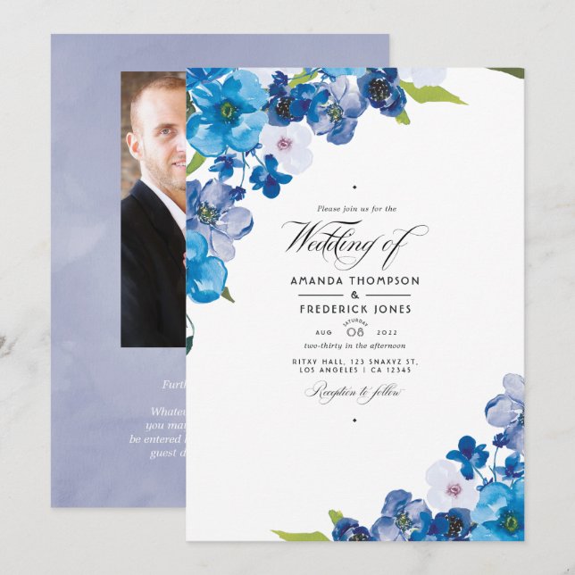 Hues of Blue Floral Wedding Invitation (Front/Back)