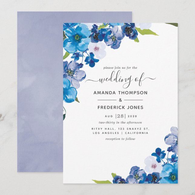 Hues of Blue Floral Wedding Invitation (Front/Back)
