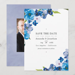 Hues of Blue Floral Wedding Photo Save The Date