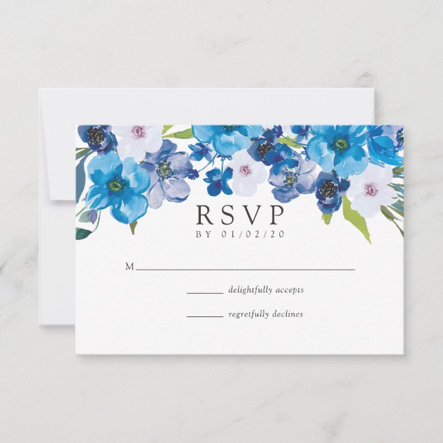 Hues of Blue Floral Wedding RSVP Card (Front)