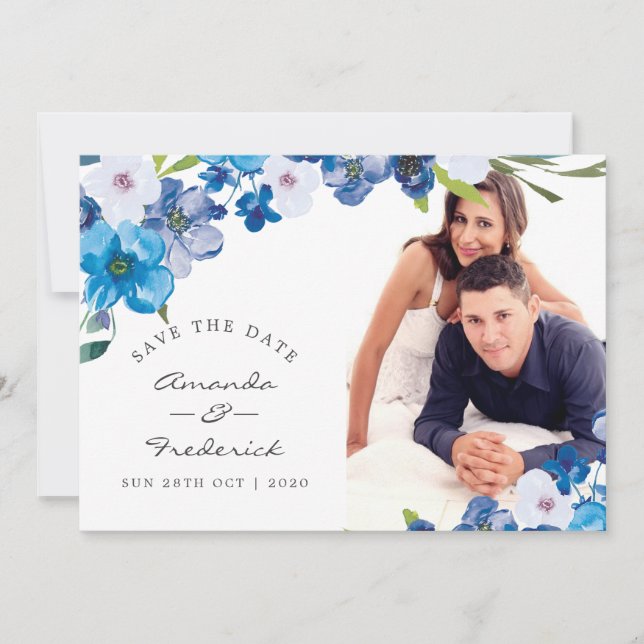 Hues of Blue Floral Wedding Save the Date (Front)