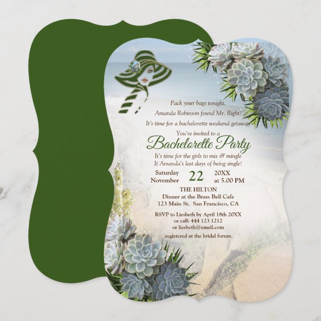 Hues of Sea Green & Succulent Bachelorette Party Invitation (Front/Back)