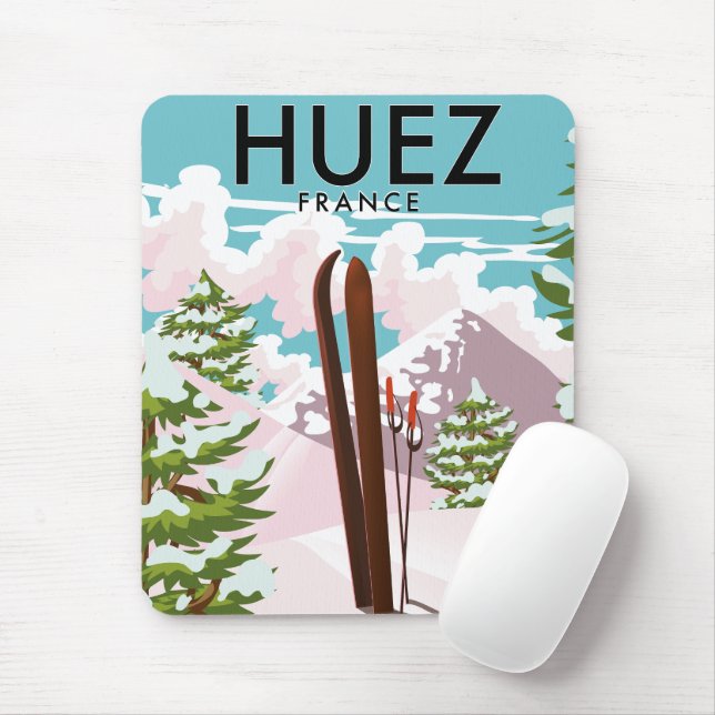Huez France Retro ski poster Mouse Mat (With Mouse)