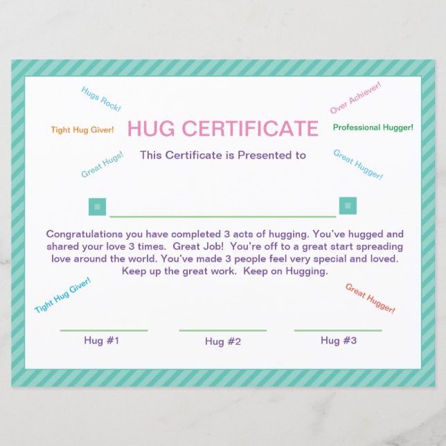 Hug Certificate Good Behaviour Manners Certificate (Front)