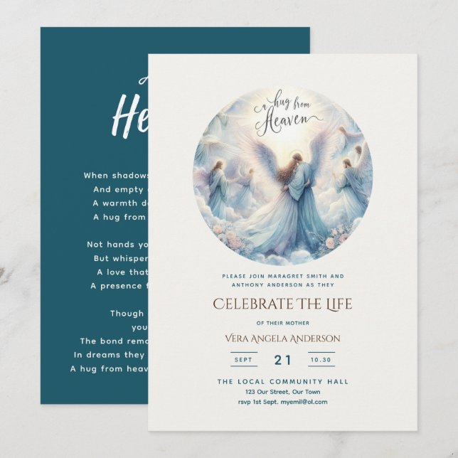 Hug From Heaven Poem Celebration of Life Angels Invitation (Front/Back)