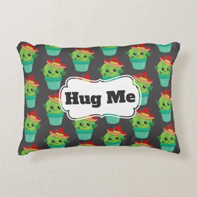 Hug Me Green Cactus in a Red Sombrero Pattern Decorative Cushion (Front)