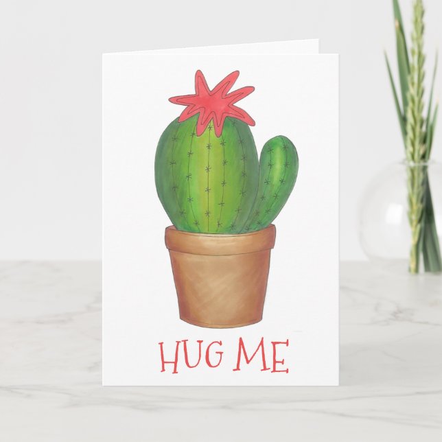 Hug Me Prickly Succulent Cactus Potted Plant Funny Holiday Card (Front)