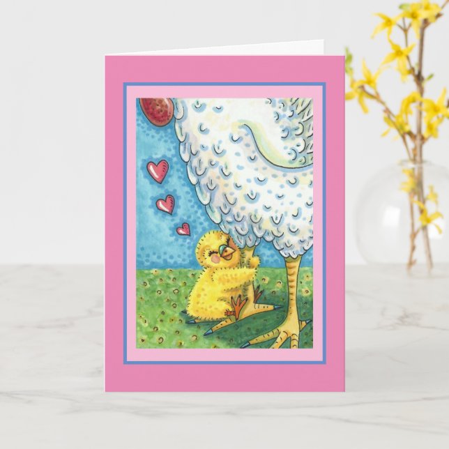 HUG YOUR MOMMA, BABY CHICK LOVES MOTHER HEN Blank Card (Yellow Flower)