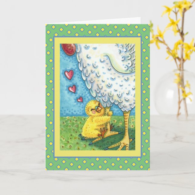 HUG YOUR MOMMA, BABY CHICK LOVES MOTHER HEN Blank Card (Yellow Flower)