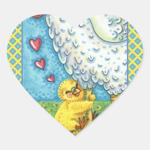 HUG YOUR MOMMA, CUTE BABY CHICK LOVES MOTHER HEN HEART STICKER