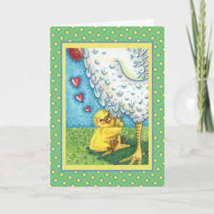 HUG YOUR MOMMA, CUTE BABY CHICK LOVES MOTHER HEN HOLIDAY CARD