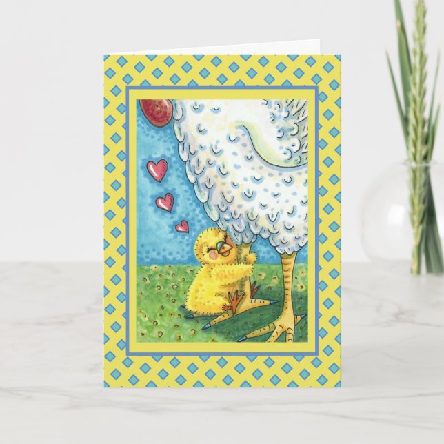 HUG YOUR MOMMA, CUTE BABY CHICK LOVES MOTHER HEN HOLIDAY CARD (Front)