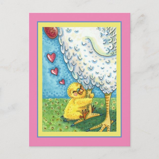 HUG YOUR MOMMA, CUTE BABY CHICK LOVES MOTHER HEN HOLIDAY POSTCARD (Front)