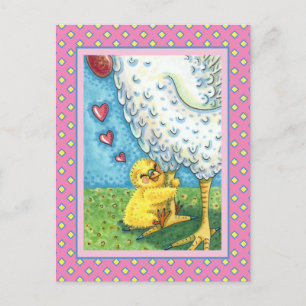 HUG YOUR MOMMA, CUTE BABY CHICK LOVES MOTHER HEN HOLIDAY POSTCARD