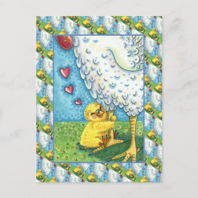 HUG YOUR MOMMA, CUTE BABY CHICK LOVES MOTHER HEN POSTCARD (Front)
