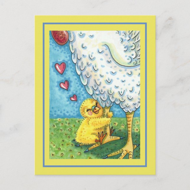 HUG YOUR MOMMA, CUTE BABY CHICK LOVES MOTHER HEN POSTCARD (Front)