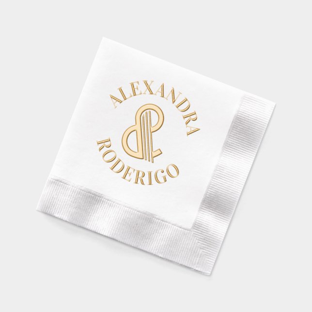 Huge Art Deco Ampersand Couple Wedding Round Names Foil Napkins (Left)