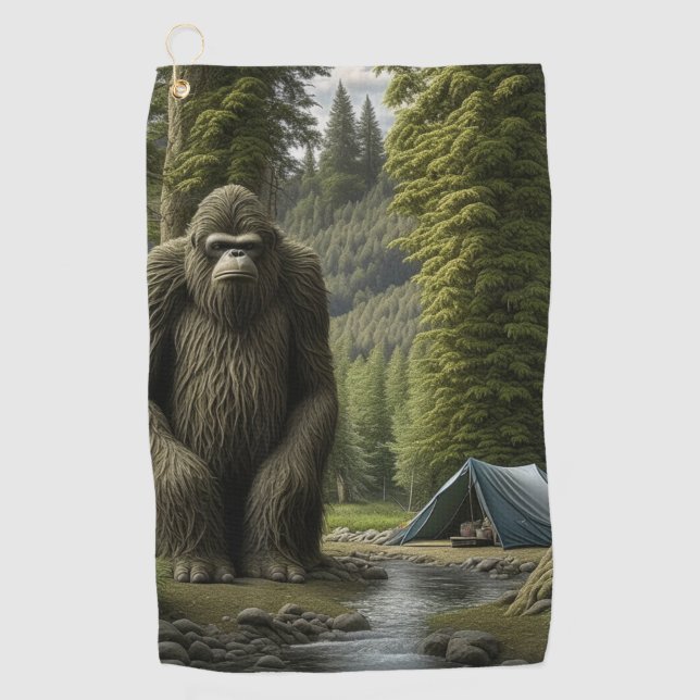 Huge Bigfoot sitting next to Tent in the Woods Golf Towel (Front)
