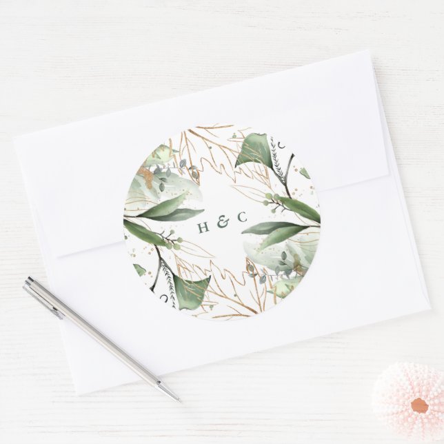 Huge Botanical Eucalyptus Green Emerald Monogram Classic Round Sticker (Envelope)