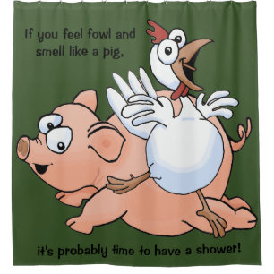 Huge cartoon pig and chicken on a shower curtain! shower curtain