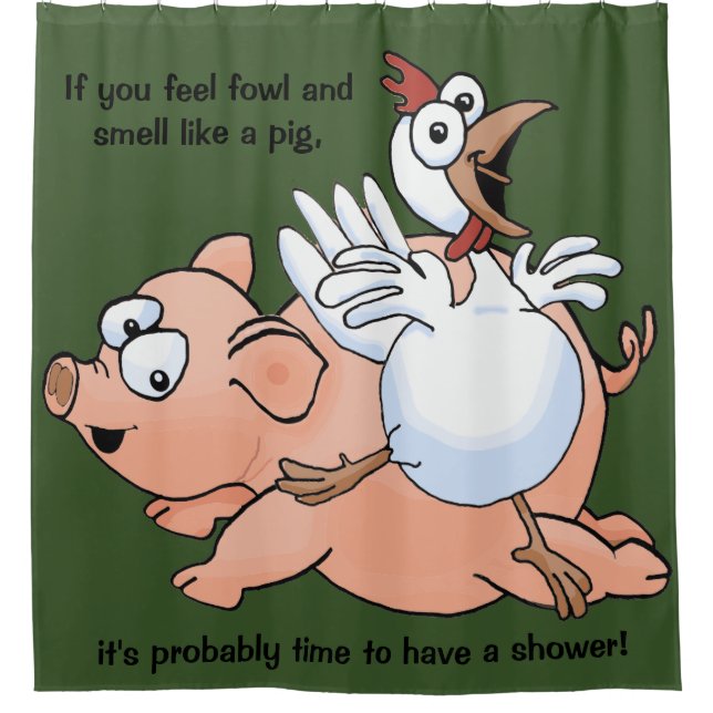 Huge cartoon pig and chicken on a shower curtain! shower curtain (Front)