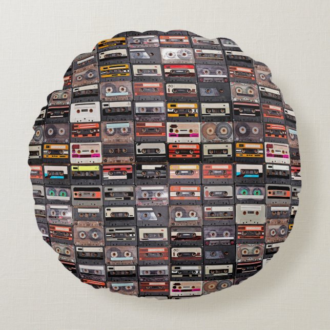 Huge collection of audio cassettes. Retro musical  Round Cushion (Front)
