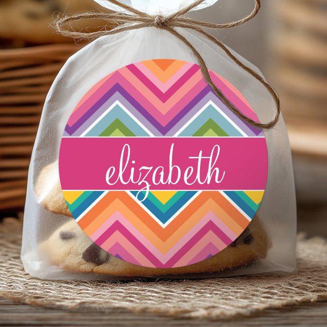 Huge Colourful Chevron Pattern with Name Classic Round Sticker (Personalized Sticker)