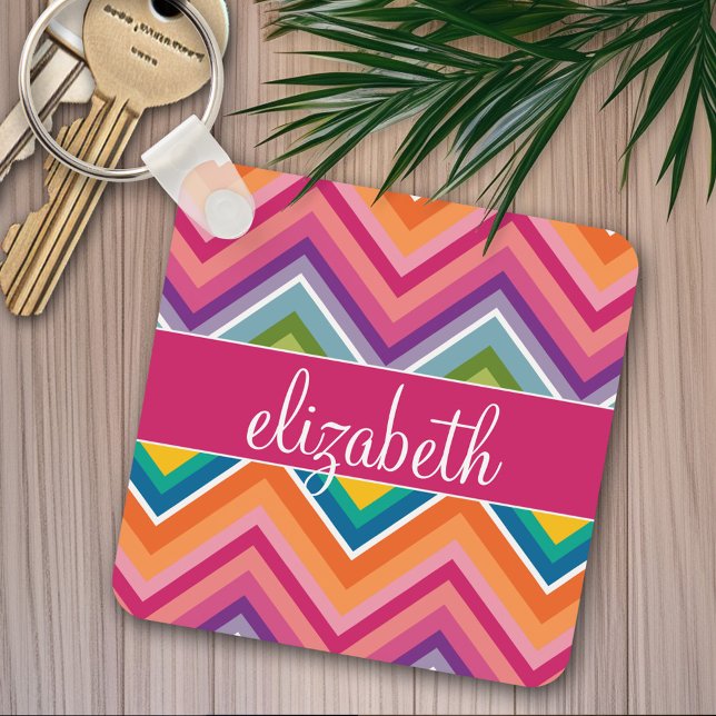 Huge Colourful Chevron Pattern with Name Key Ring (Personalized keychain - Add Name)