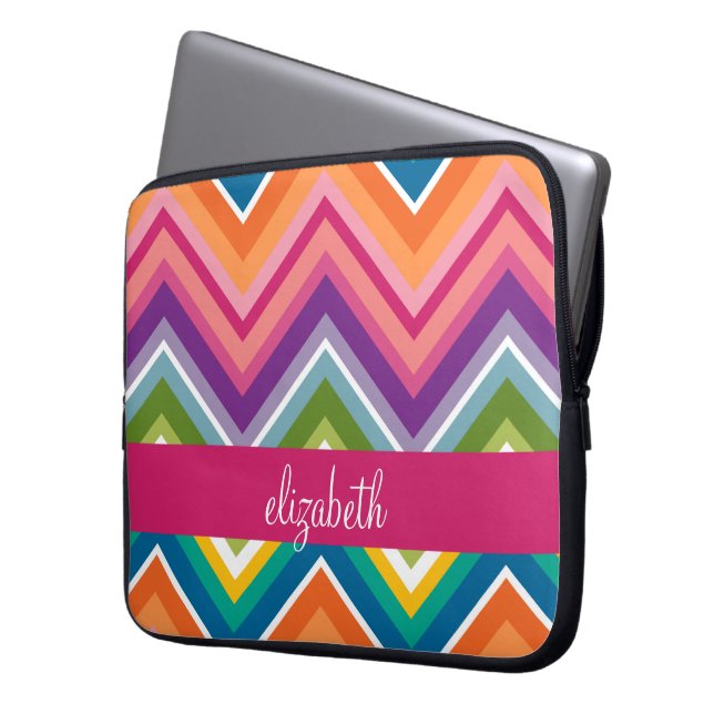 Huge Colourful Chevron Pattern with Name Laptop Sleeve (Front Left)