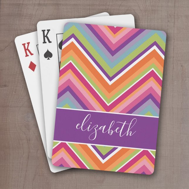 Huge Colourful Chevron Pattern with Name purple Playing Cards (Personalized playing cards - colorful chevron pattern)