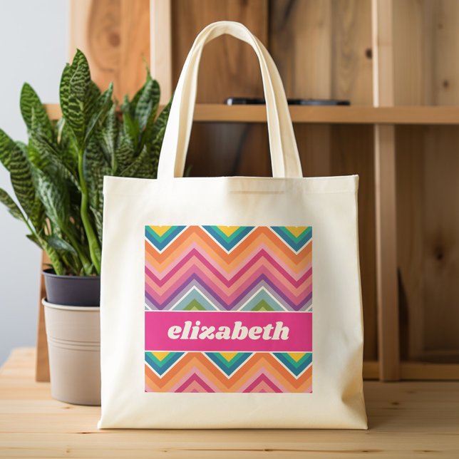 Huge Colourful Chevron Pattern with Name Tote Bag (Personalized tote bag - colorful chevrons and name)