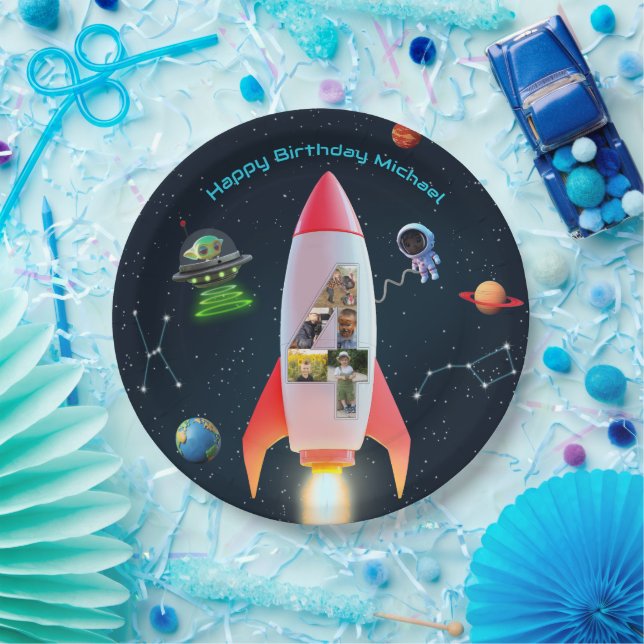 Huge Four with Photos | Space Rocket 4th Birthday Paper Plate (Party)