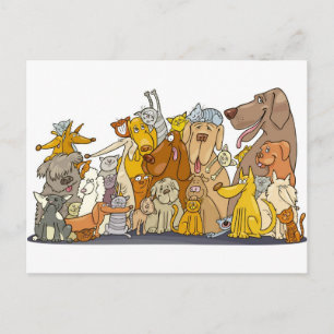 huge group of cats and dogs postcard