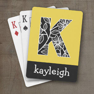 Huge Monogram K - Modern Floral Pattern Yellow Playing Cards