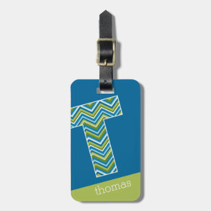 Huge Monogram Letter T Bright Blue Chevrons Luggage Tag