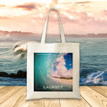 Huge Ocean Wave Laundry Tote Bag<br><div class="desc">Fun photograph of ocean wave crashing ashore Haleiwa,  Hawaii,  with "Laundry" text.  Surfers call this a breaking wave or a barrel wave.  It's a tropical,  aqua blue color with blue summer skies above the island.</div>