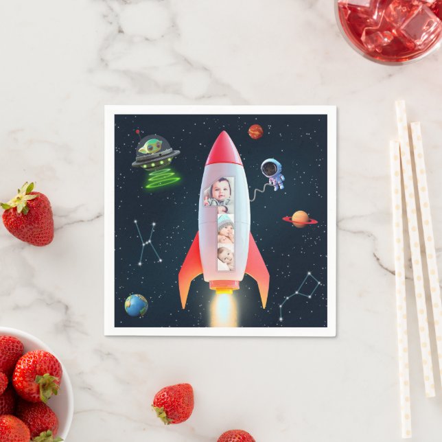 Huge One Photo Collage | 1st Birthday Rocket Space Napkin (Insitu)