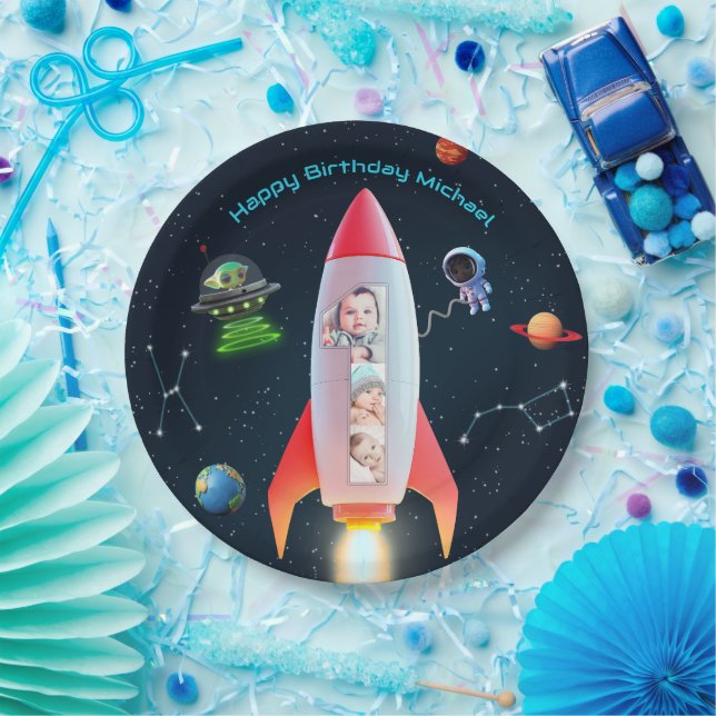 Huge One Photo Collage | Space Rocket 1st Birthday Paper Plate (Party)