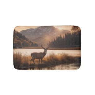 Huge Racked Deer on Mountain Lake Bath Mat