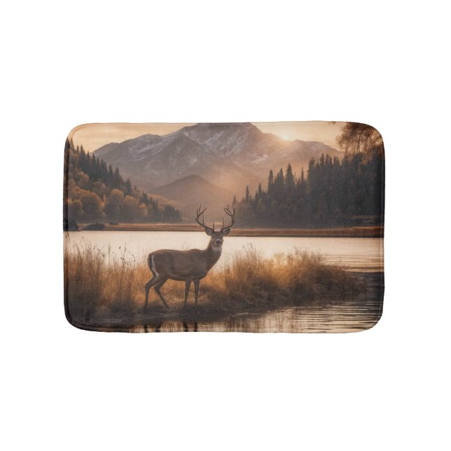 Huge Racked Deer on Mountain Lake Bath Mat (Front)