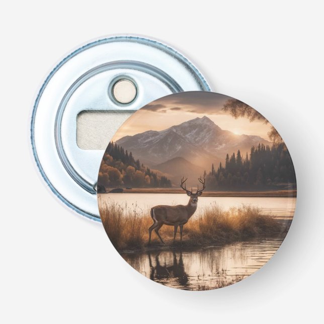 Huge Racked Deer on Mountain Lake Bottle Opener (Front)