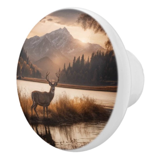 Huge Racked Deer on Mountain Lake Ceramic Knob (Right)