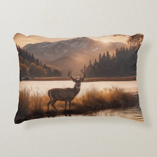 Huge Racked Deer on Mountain Lake Decorative Cushion (Front)
