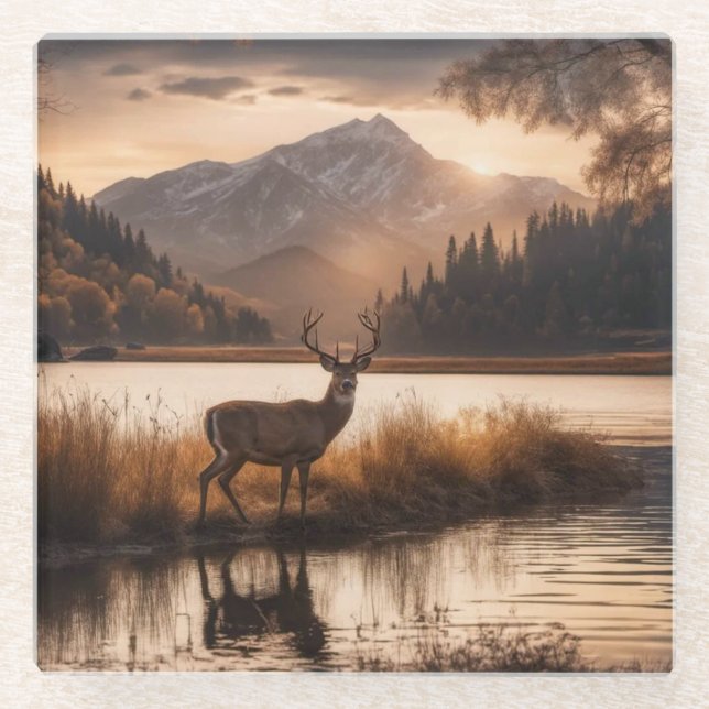 Huge Racked Deer on Mountain Lake Glass Coaster (Front)