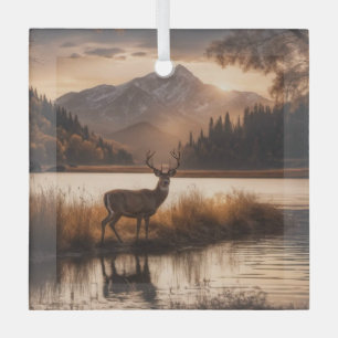 Huge Racked Deer on Mountain Lake Glass Tree Decoration