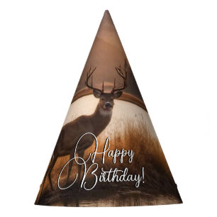 Huge Racked Deer on Mountain Lake Happy Birthday Party Hat