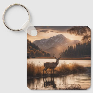 Huge Racked Deer on Mountain Lake Key Ring