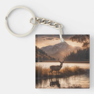 Huge Racked Deer on Mountain Lake Key Ring