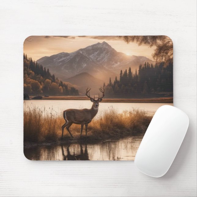 Huge Racked Deer on Mountain Lake Mouse Mat (With Mouse)