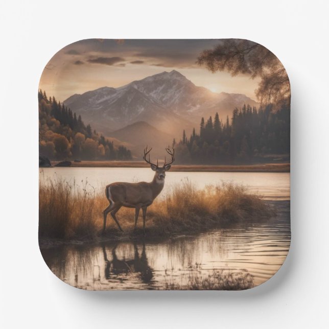 Huge Racked Deer on Mountain Lake Paper Plate (Front)